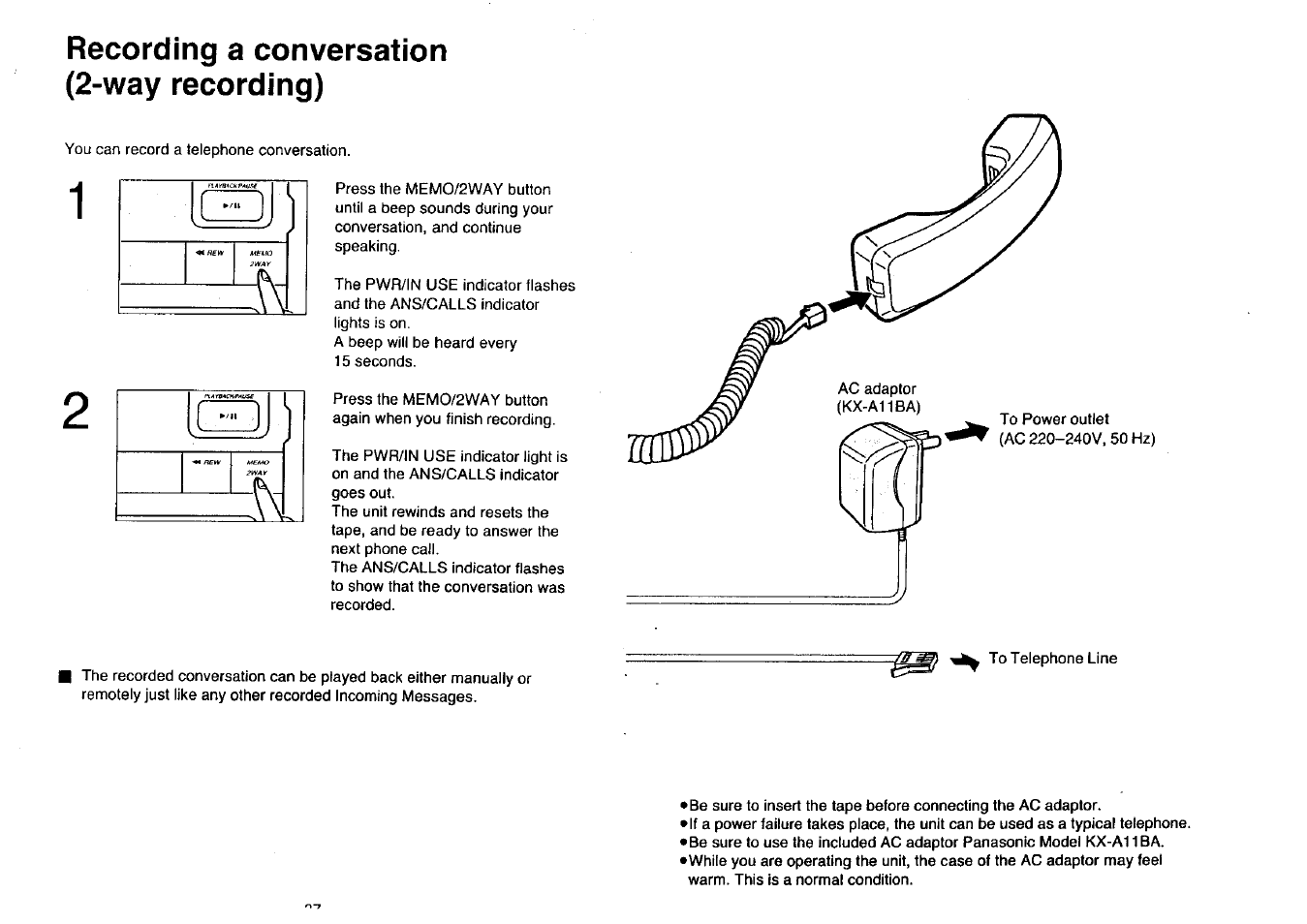 Recording a conversation (2-way recording) | Panasonic KX-T2396BA User Manual | Page 11 / 24