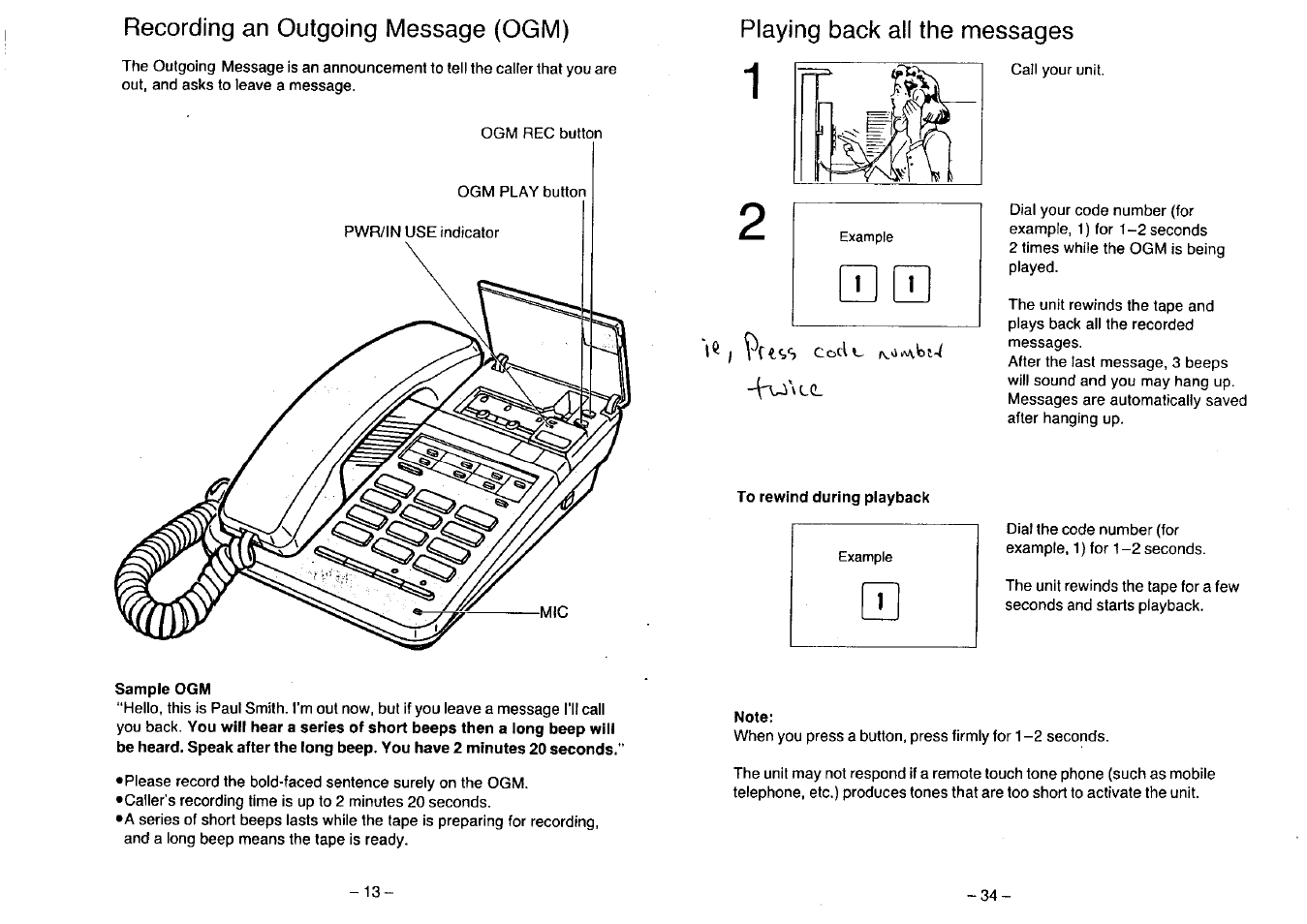 To rewind during playback, Sample ogm, Note | Recording an outgoing message (ogm), Playing back all the messages | Panasonic KX-T2396BA User Manual | Page 14 / 24