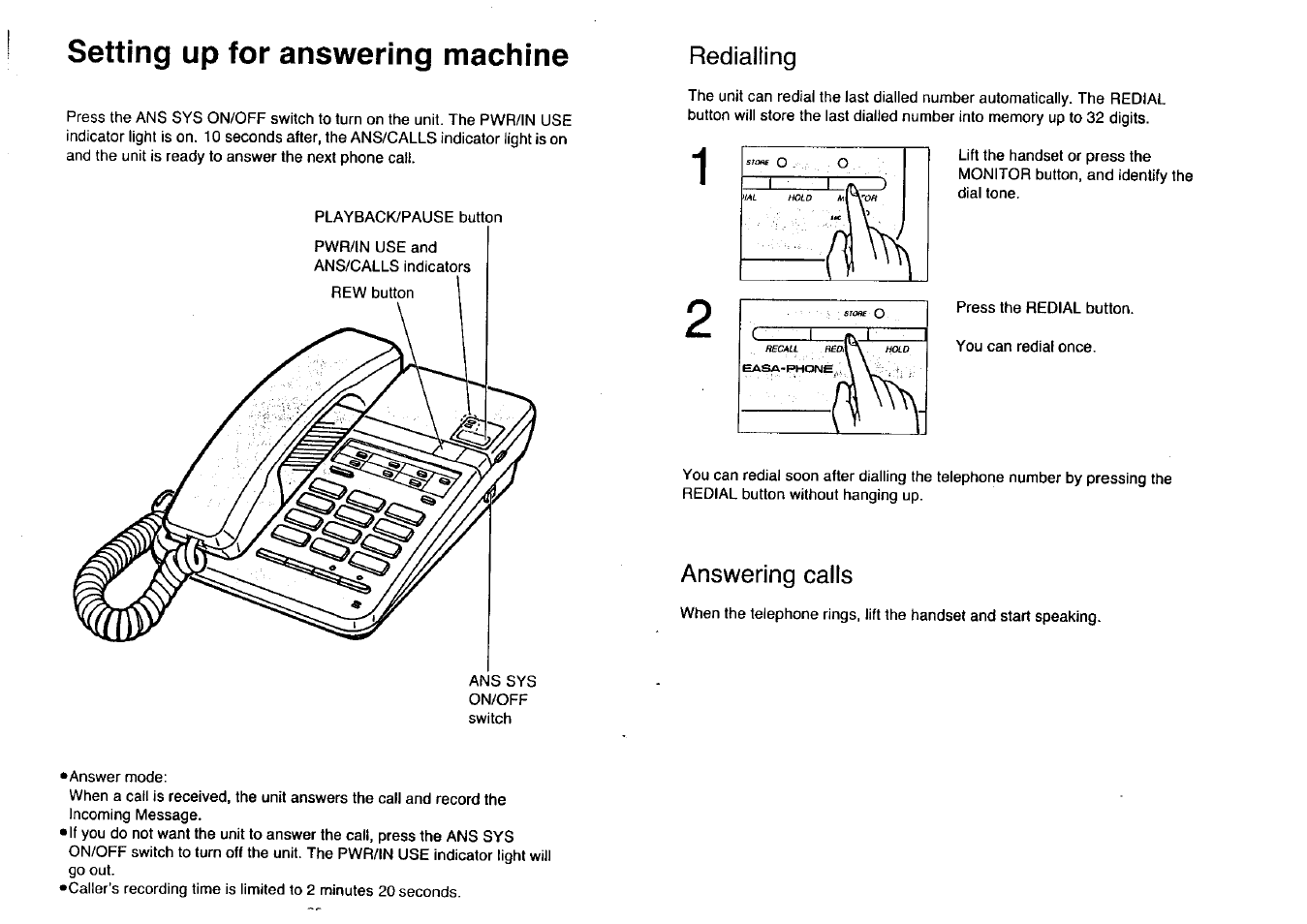 Setting up for answering machine, Redialling, Answering calls | Panasonic KX-T2396BA User Manual | Page 19 / 24