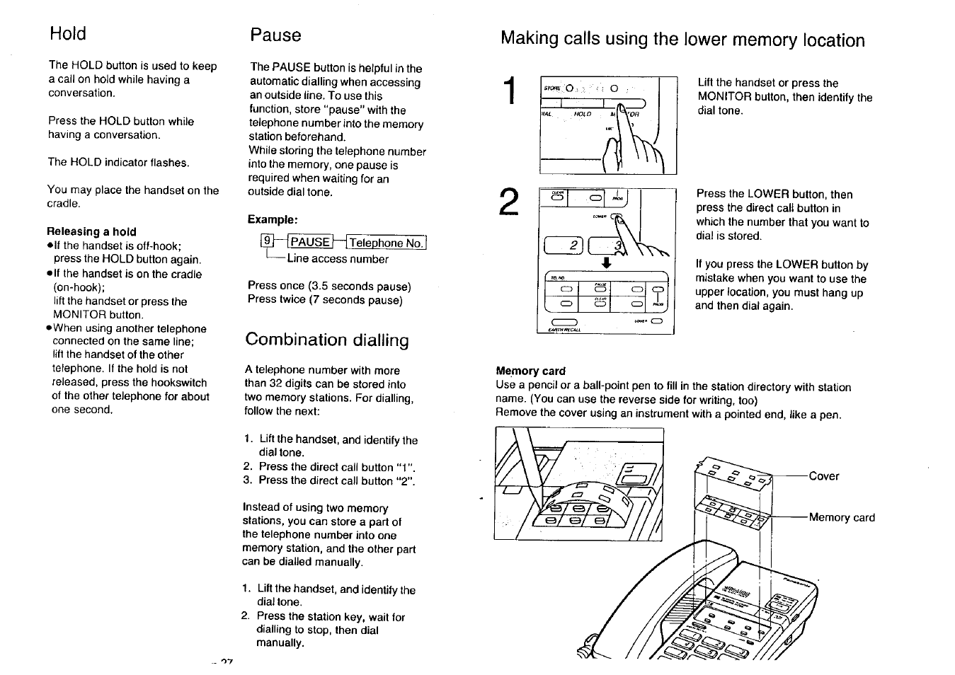 Hold pause, Combination dialling | Panasonic KX-T2396BA User Manual | Page 21 / 24