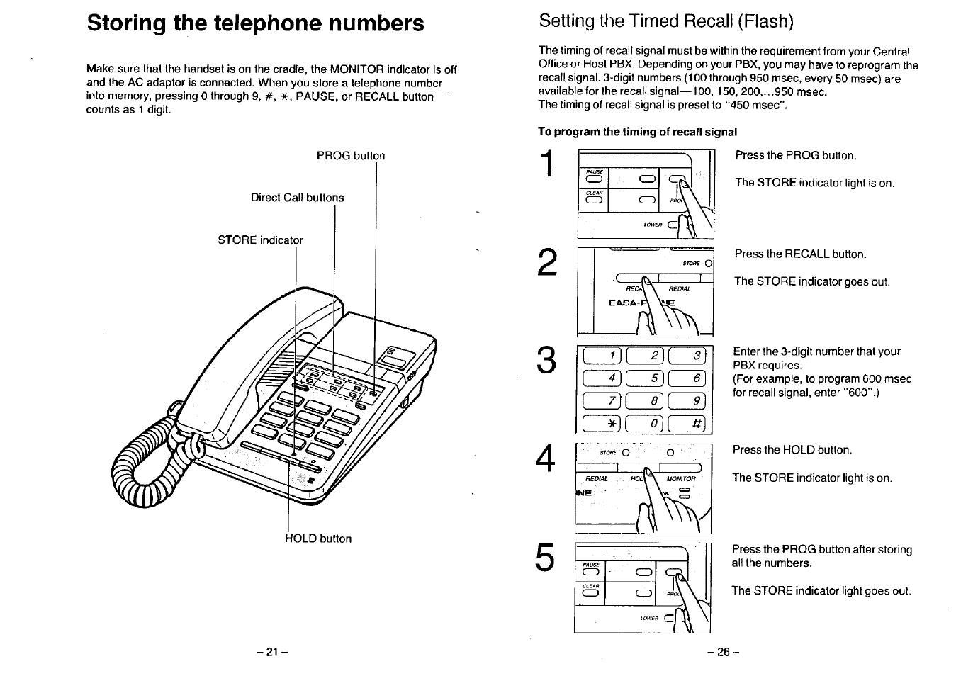 Storing the telephone numbers, Setting the timed recall (flash) | Panasonic KX-T2396BA User Manual | Page 22 / 24