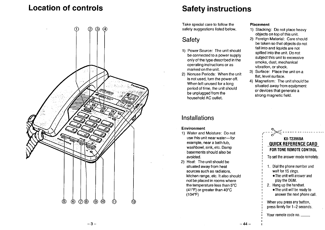 Location of controls safety instructions, Safety, Installations | Panasonic KX-T2396BA User Manual | Page 4 / 24
