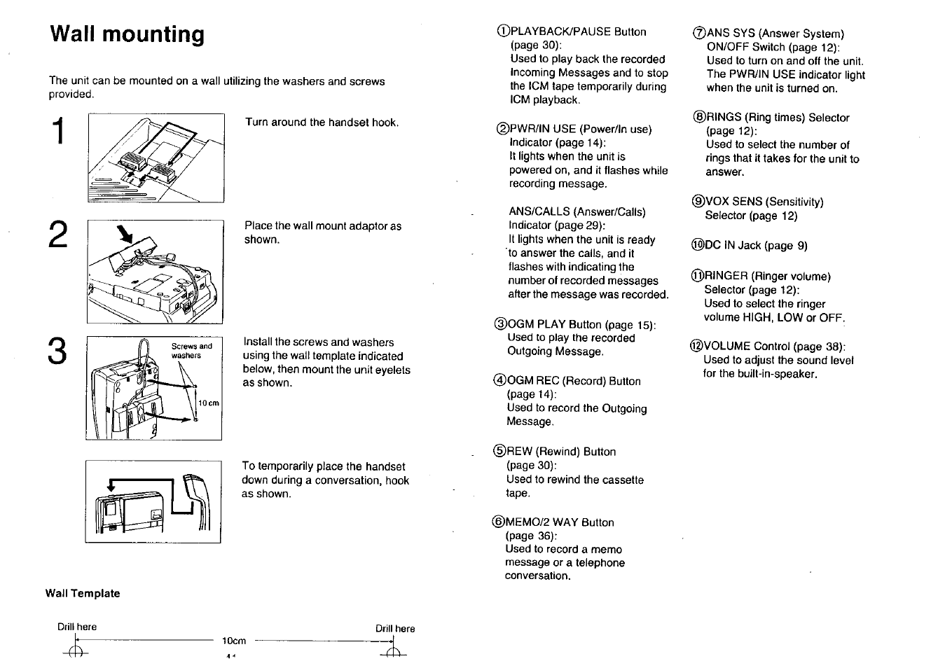 Wall template, Wall mounting | Panasonic KX-T2396BA User Manual | Page 7 / 24