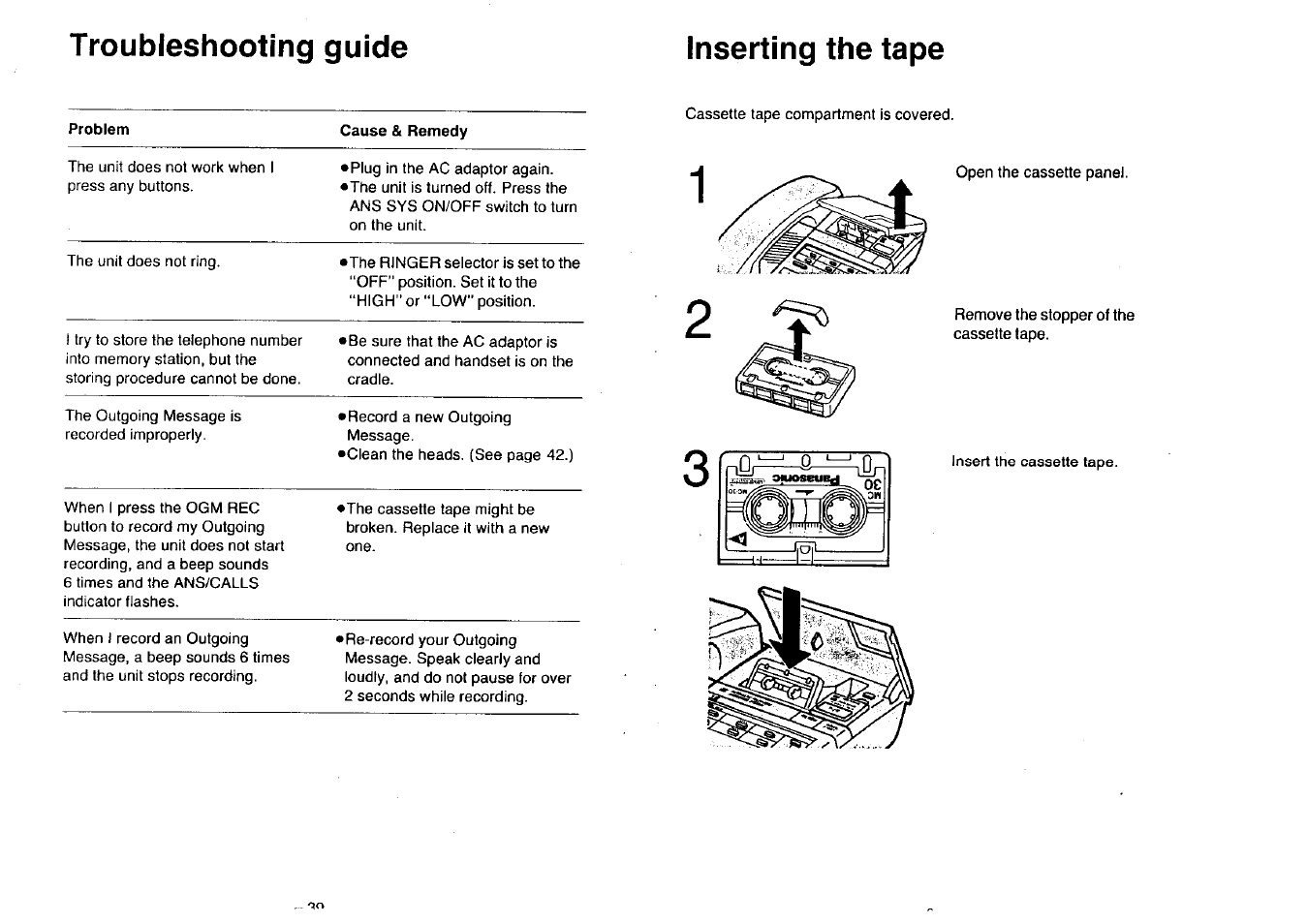 Troubleshooting guide inserting the tape | Panasonic KX-T2396BA User Manual | Page 9 / 24