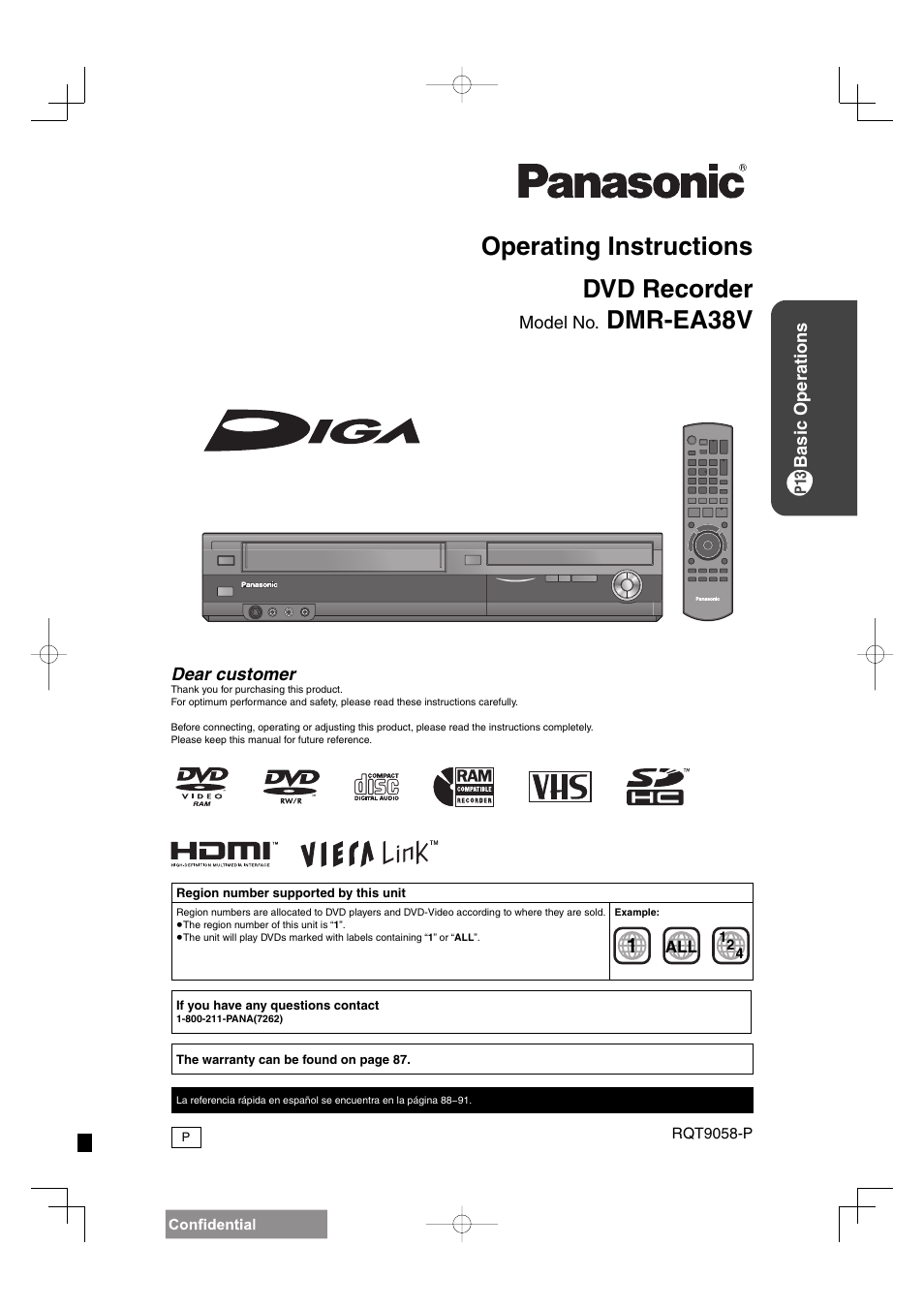 Panasonic DIGA DMR-EA38V User Manual | 92 pages