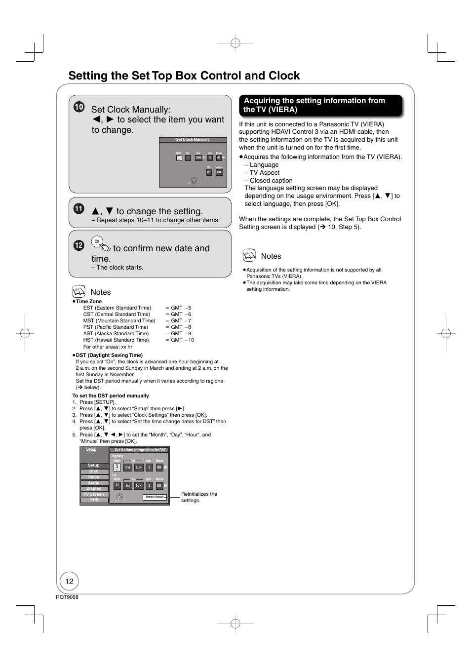 Setting the set top box control and clock, Repeat steps 10–11 to change other items, The clock starts | Panasonic DIGA DMR-EA38V User Manual | Page 12 / 92