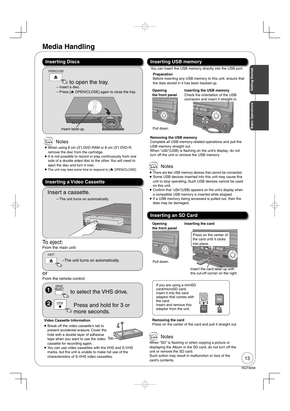 Basic operations, Media handling, Insert a cassette | Press and hold for 3 or more seconds | Panasonic DIGA DMR-EA38V User Manual | Page 13 / 92