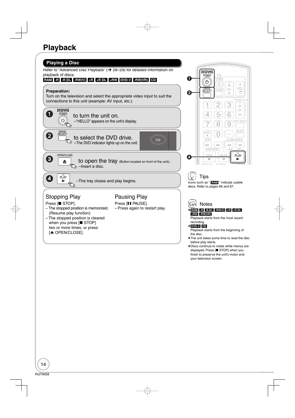 Playback, Stopping play, Pausing play | Panasonic DIGA DMR-EA38V User Manual | Page 14 / 92
