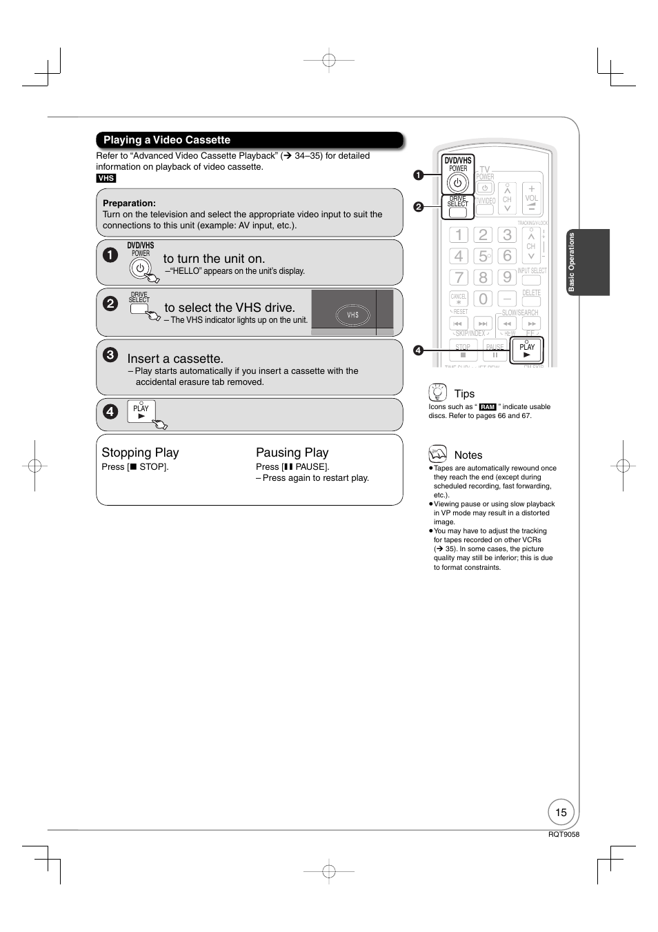 Insert a cassette, Stopping play, Pausing play | Panasonic DIGA DMR-EA38V User Manual | Page 15 / 92