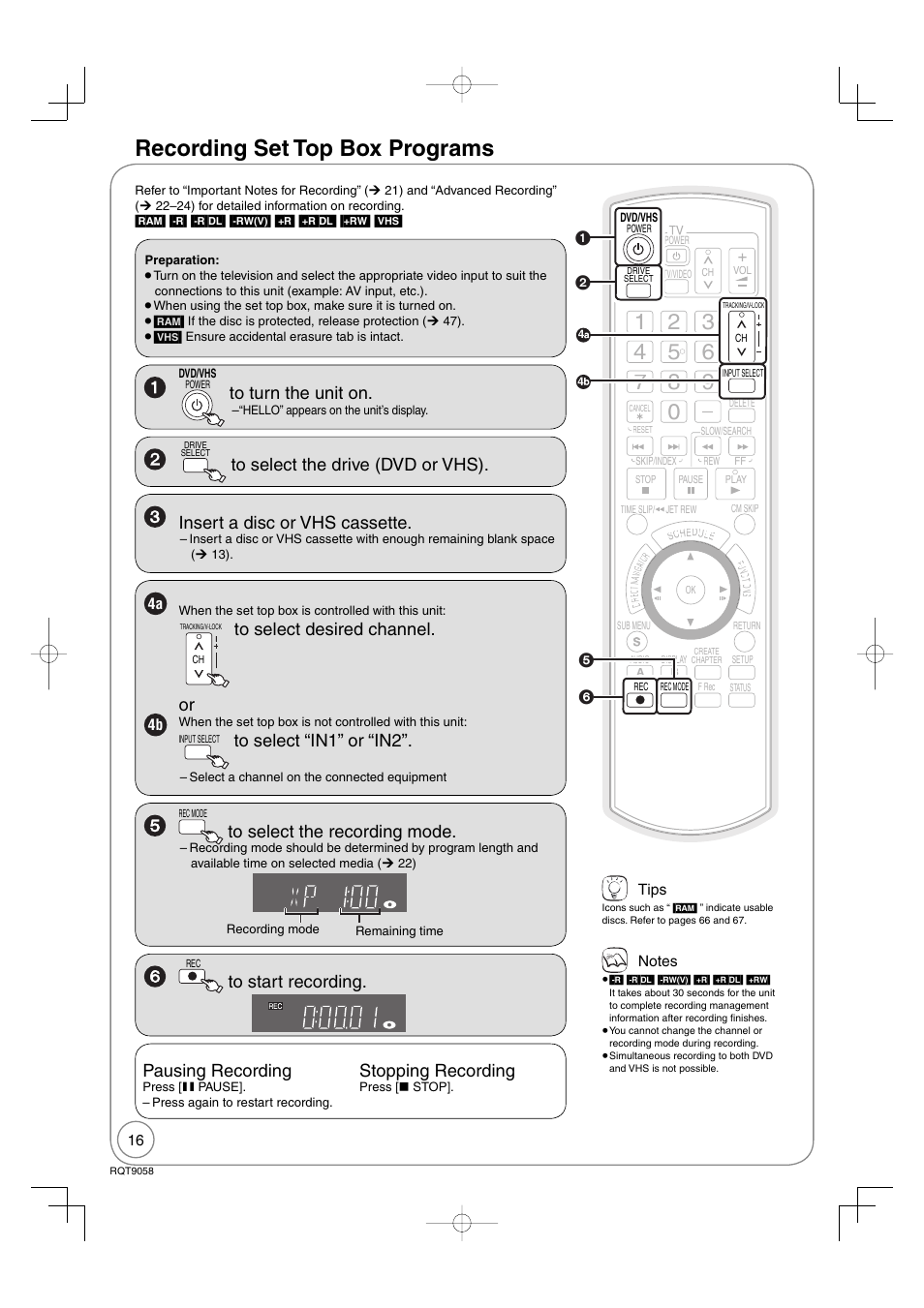 Recording set top box programs, Pausing recording, Stopping recording | Panasonic DIGA DMR-EA38V User Manual | Page 16 / 92
