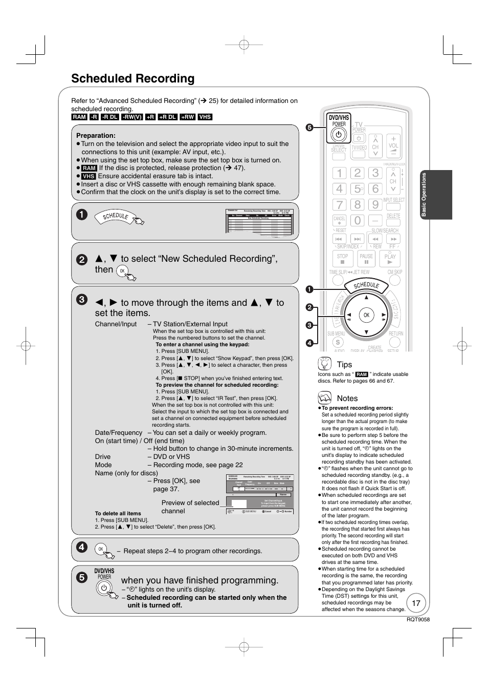 Scheduled recording, When you have fi nished programming, Tips | Panasonic DIGA DMR-EA38V User Manual | Page 17 / 92