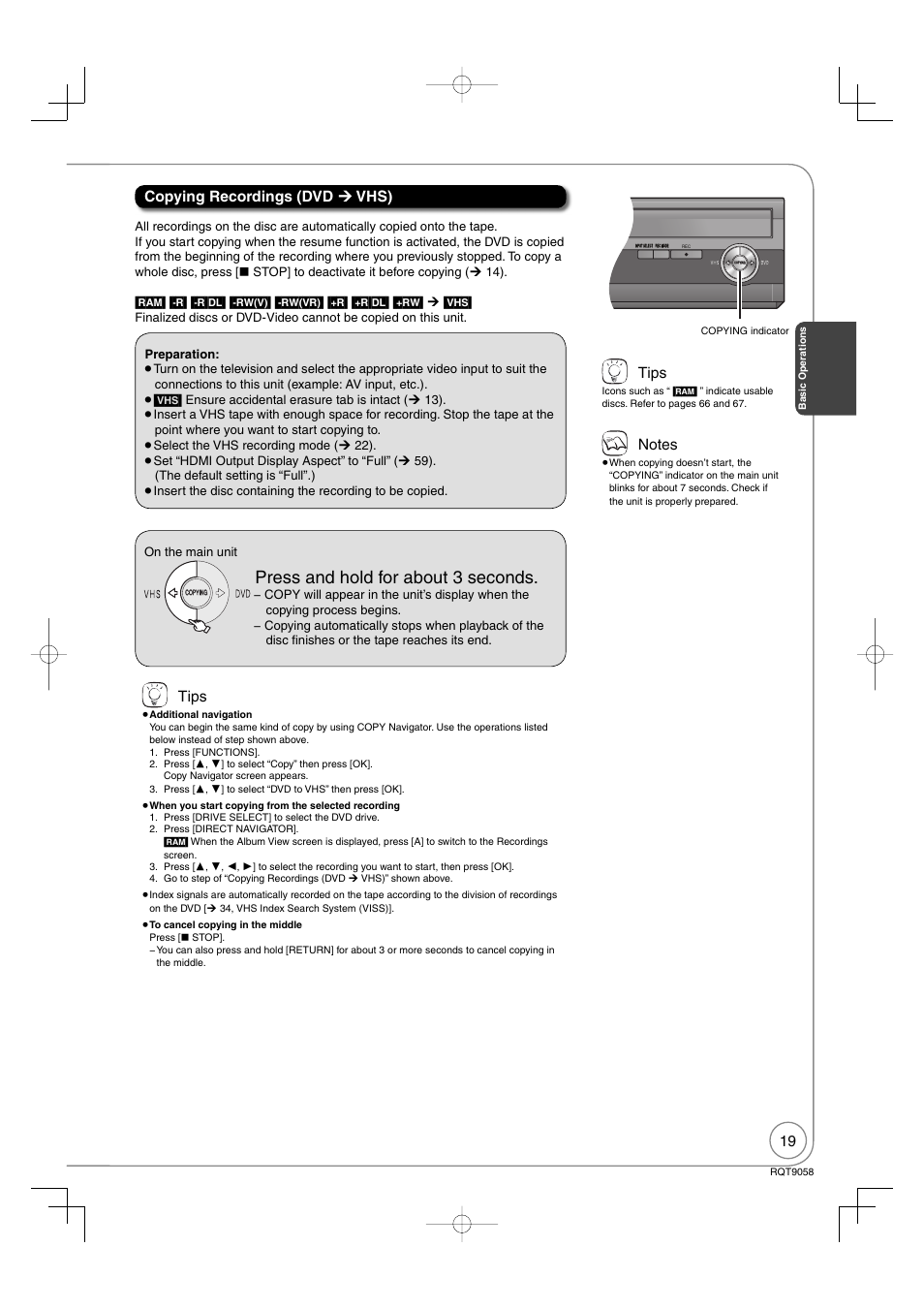 Press and hold for about 3 seconds, Copying recordings (dvd vhs), Tips | Panasonic DIGA DMR-EA38V User Manual | Page 19 / 92