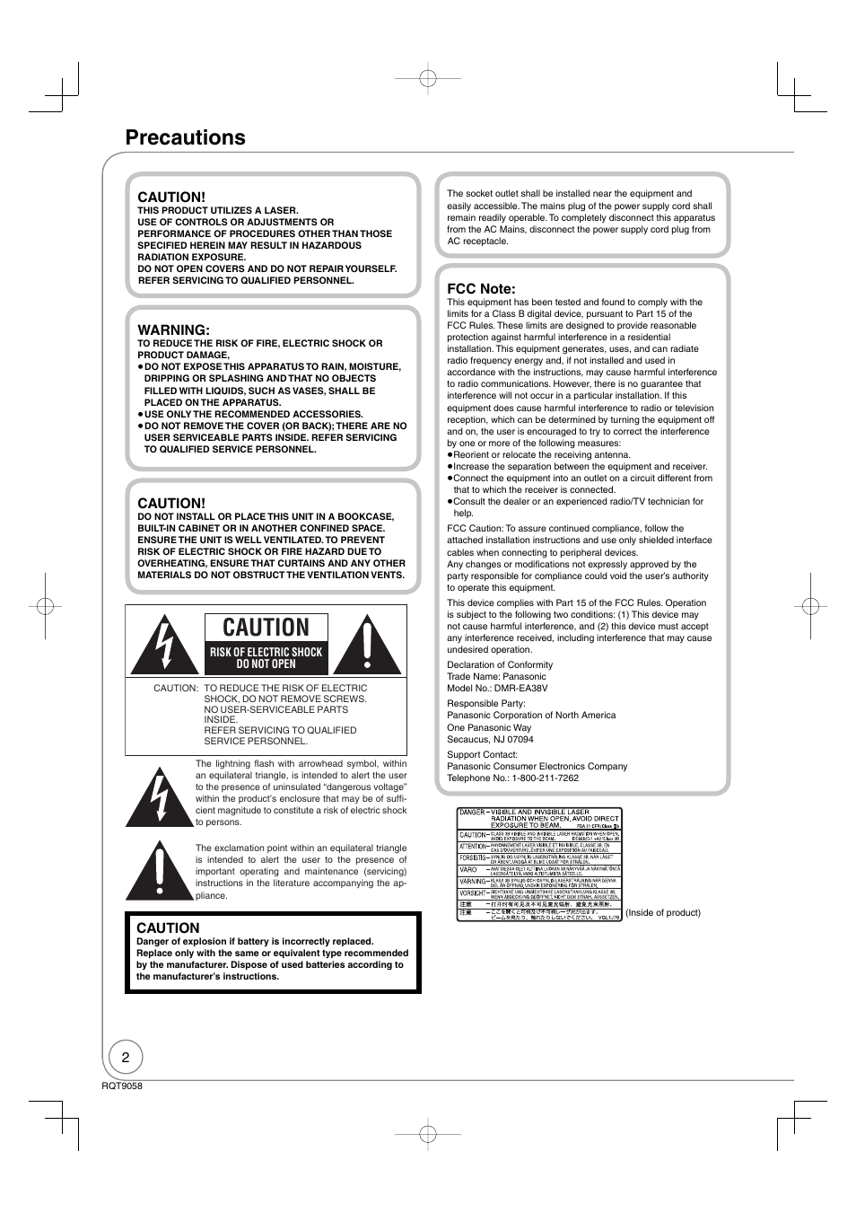 Getting started, Precautions, Caution | Panasonic DIGA DMR-EA38V User Manual | Page 2 / 92