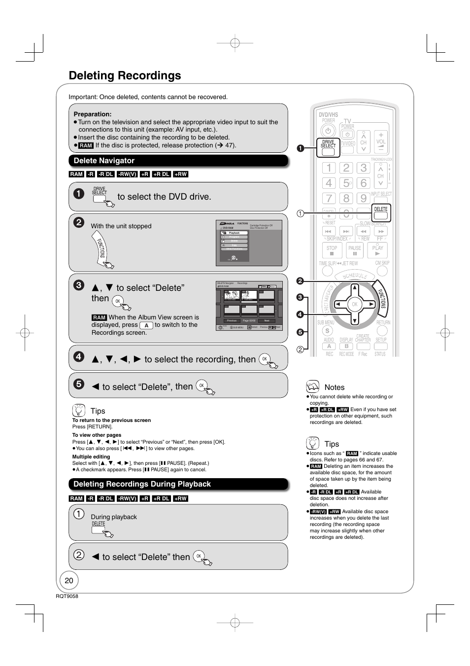 Deleting recordings, Tips, Delete navigator | Deleting recordings during playback | Panasonic DIGA DMR-EA38V User Manual | Page 20 / 92