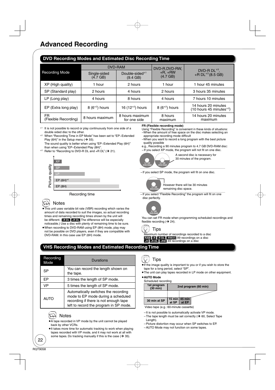 Advanced recording, Tips | Panasonic DIGA DMR-EA38V User Manual | Page 22 / 92