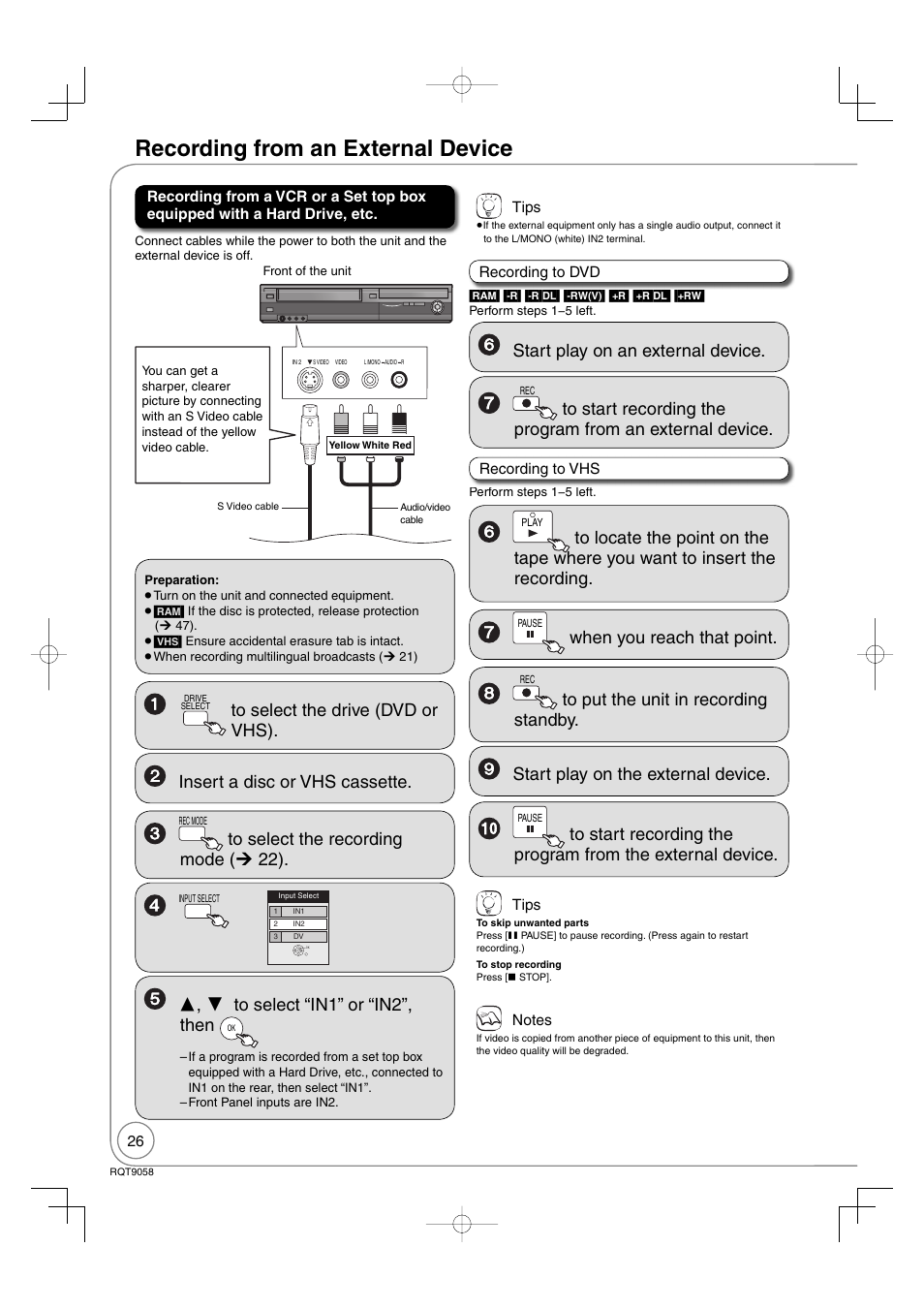 Recording from an external device, Start play on an external device, When you reach that point | Panasonic DIGA DMR-EA38V User Manual | Page 26 / 92