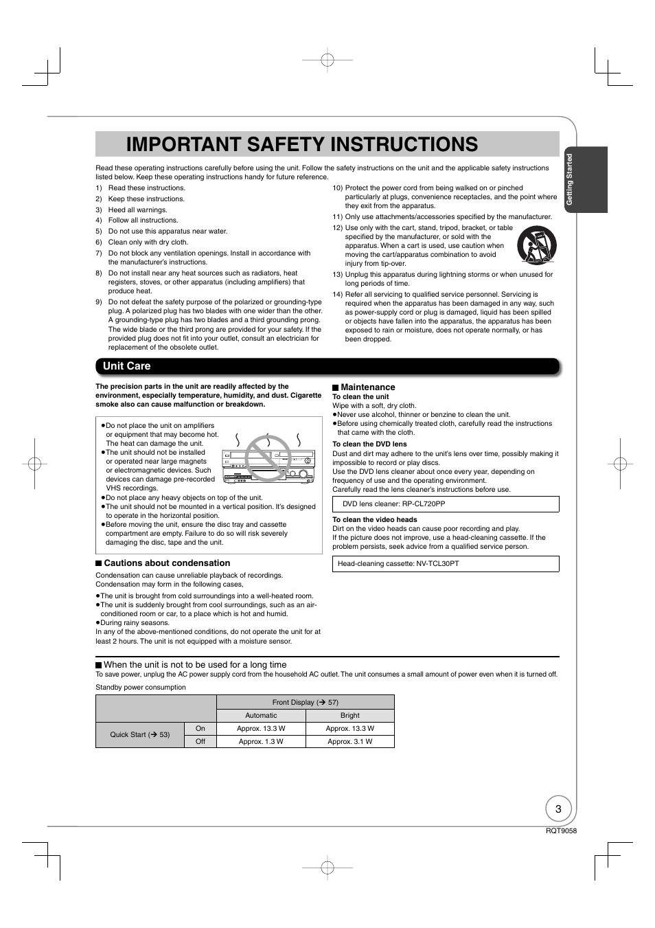 Important safety instructions, Unit care | Panasonic DIGA DMR-EA38V User Manual | Page 3 / 92