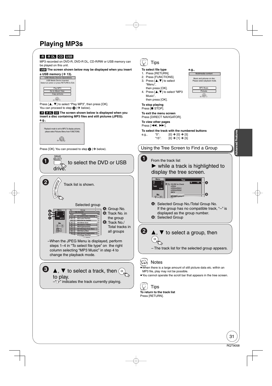 Playing mp3s, Tips, Using the tree screen to find a group | Panasonic DIGA DMR-EA38V User Manual | Page 31 / 92