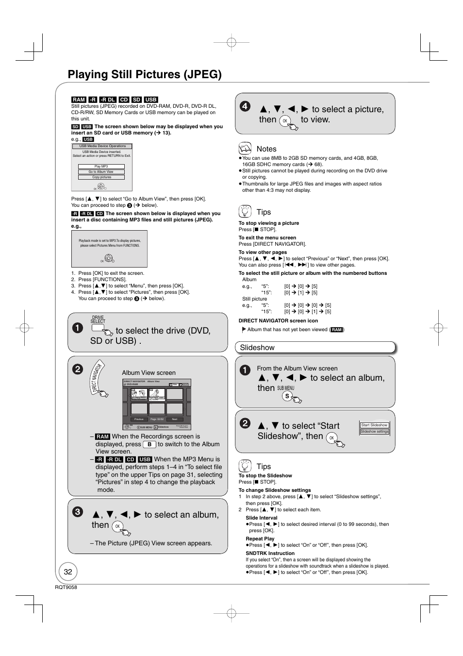 Playing still pictures (jpeg), Tips, Slideshow | Panasonic DIGA DMR-EA38V User Manual | Page 32 / 92