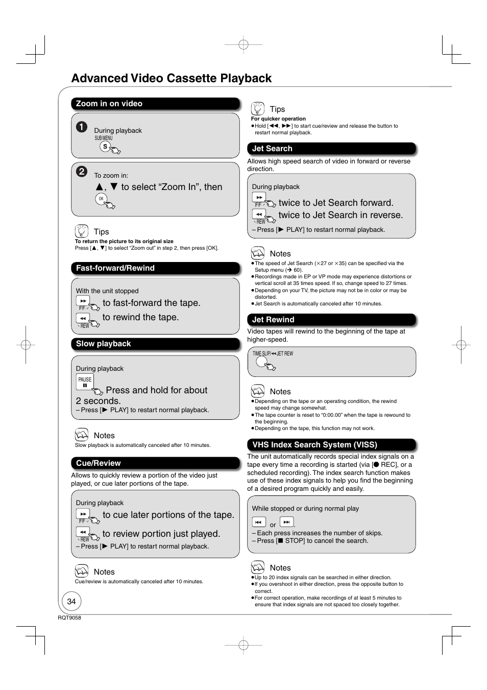 Advanced video cassette playback, Press and hold for about 2 seconds, Twice to jet search forward | Twice to jet search in reverse | Panasonic DIGA DMR-EA38V User Manual | Page 34 / 92