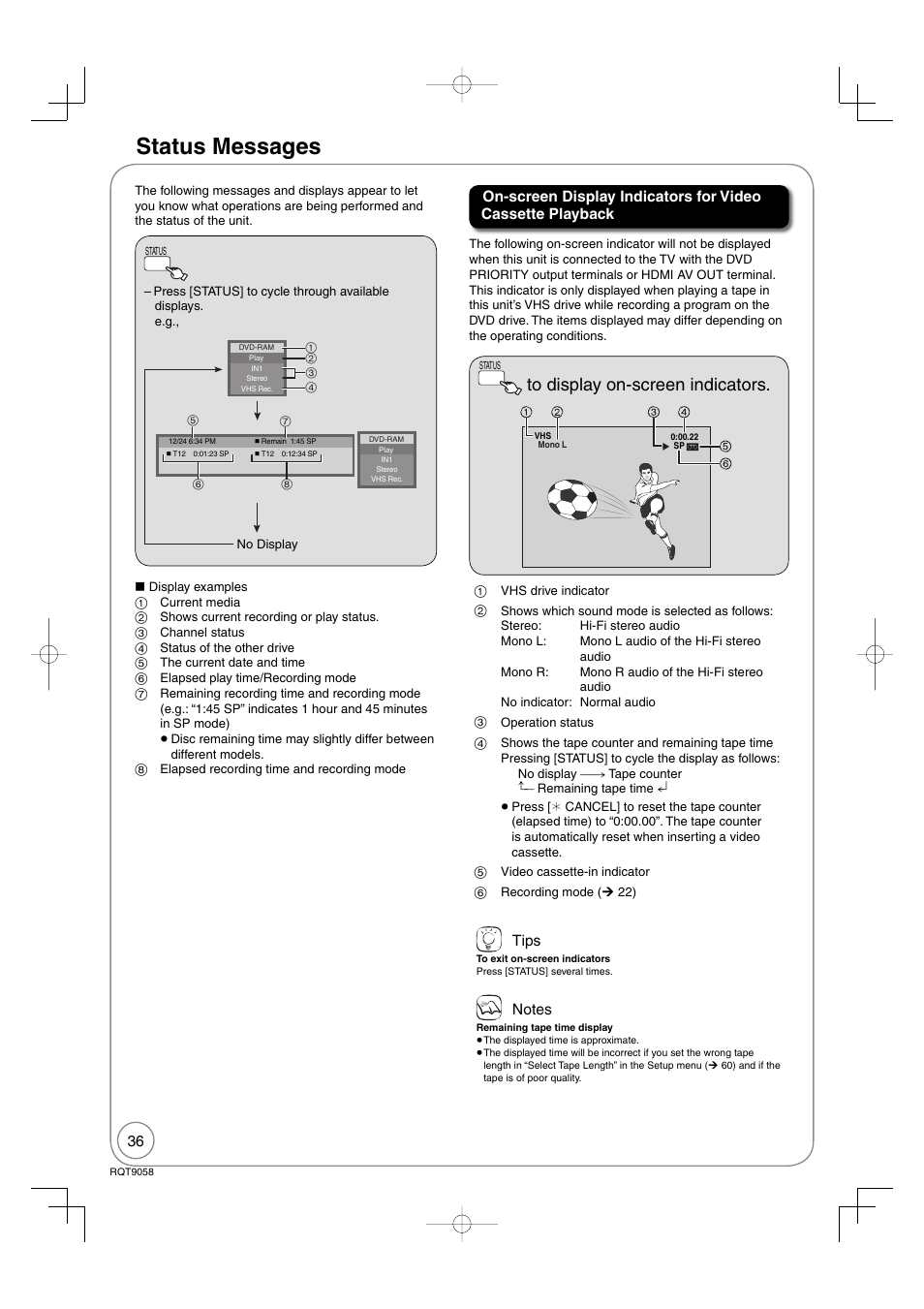 Status messages, Tips | Panasonic DIGA DMR-EA38V User Manual | Page 36 / 92