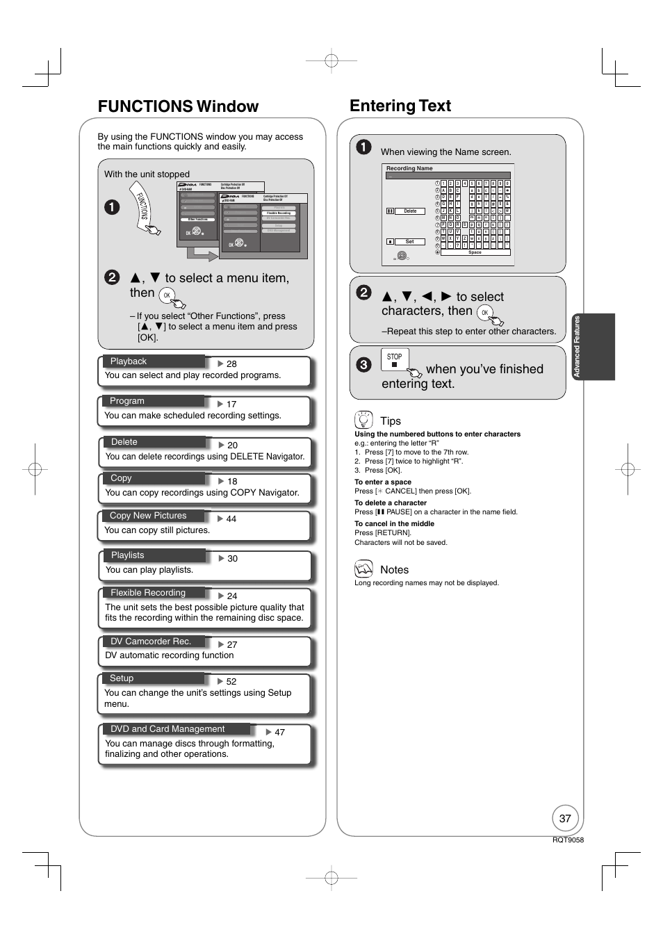 Functions window, Entering text, When you’ve fi nished entering text | Tips, Repeat this step to enter other characters | Panasonic DIGA DMR-EA38V User Manual | Page 37 / 92