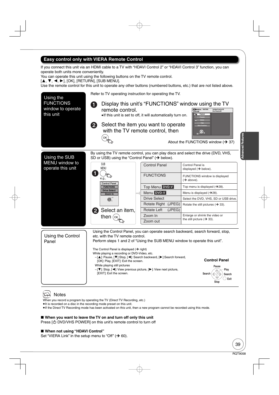 Select an item, then, Easy control only with viera remote control, Using the functions window to operate this unit | Using the sub menu window to operate this unit, Using the control panel | Panasonic DIGA DMR-EA38V User Manual | Page 39 / 92