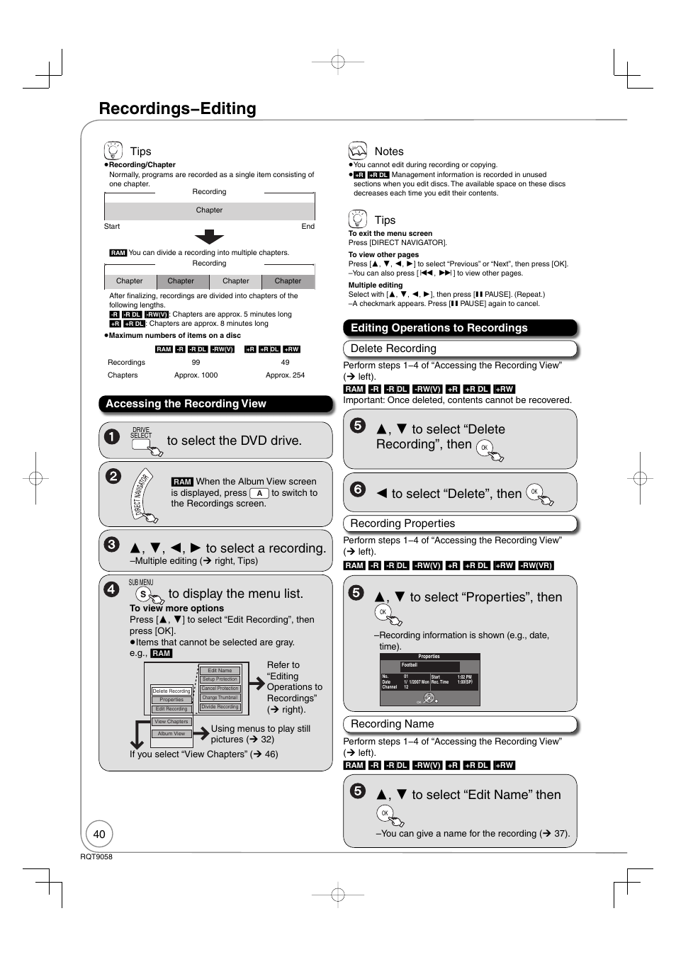 Advanced editing, Recordings − editing | Panasonic DIGA DMR-EA38V User Manual | Page 40 / 92