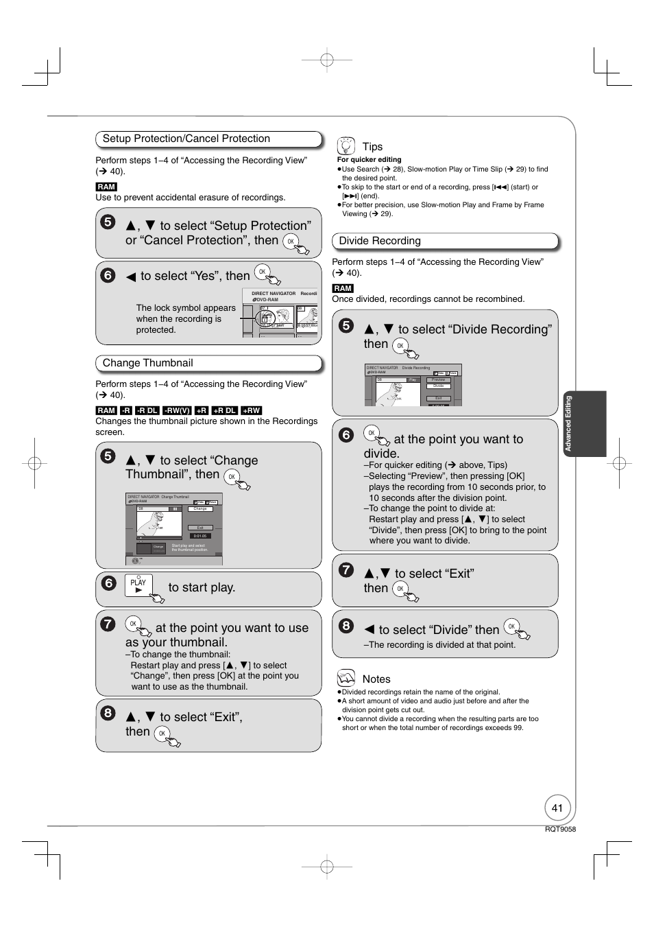 At the point you want to divide, At the point you want to use as your thumbnail, Divide recording | Setup protection/cancel protection, Tips, Change thumbnail | Panasonic DIGA DMR-EA38V User Manual | Page 41 / 92