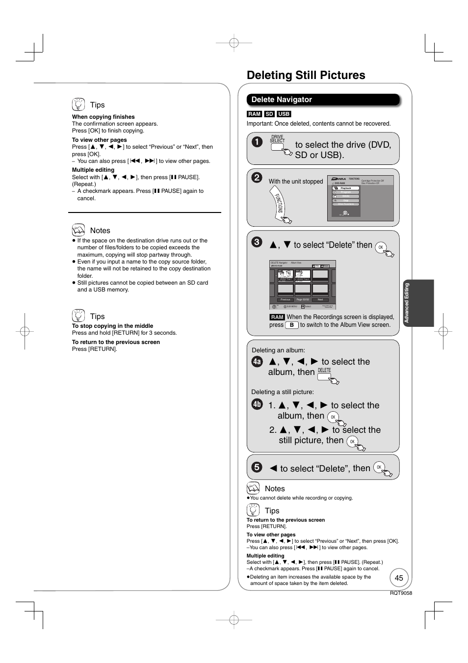 Deleting still pictures, Tips, Delete navigator | Panasonic DIGA DMR-EA38V User Manual | Page 45 / 92