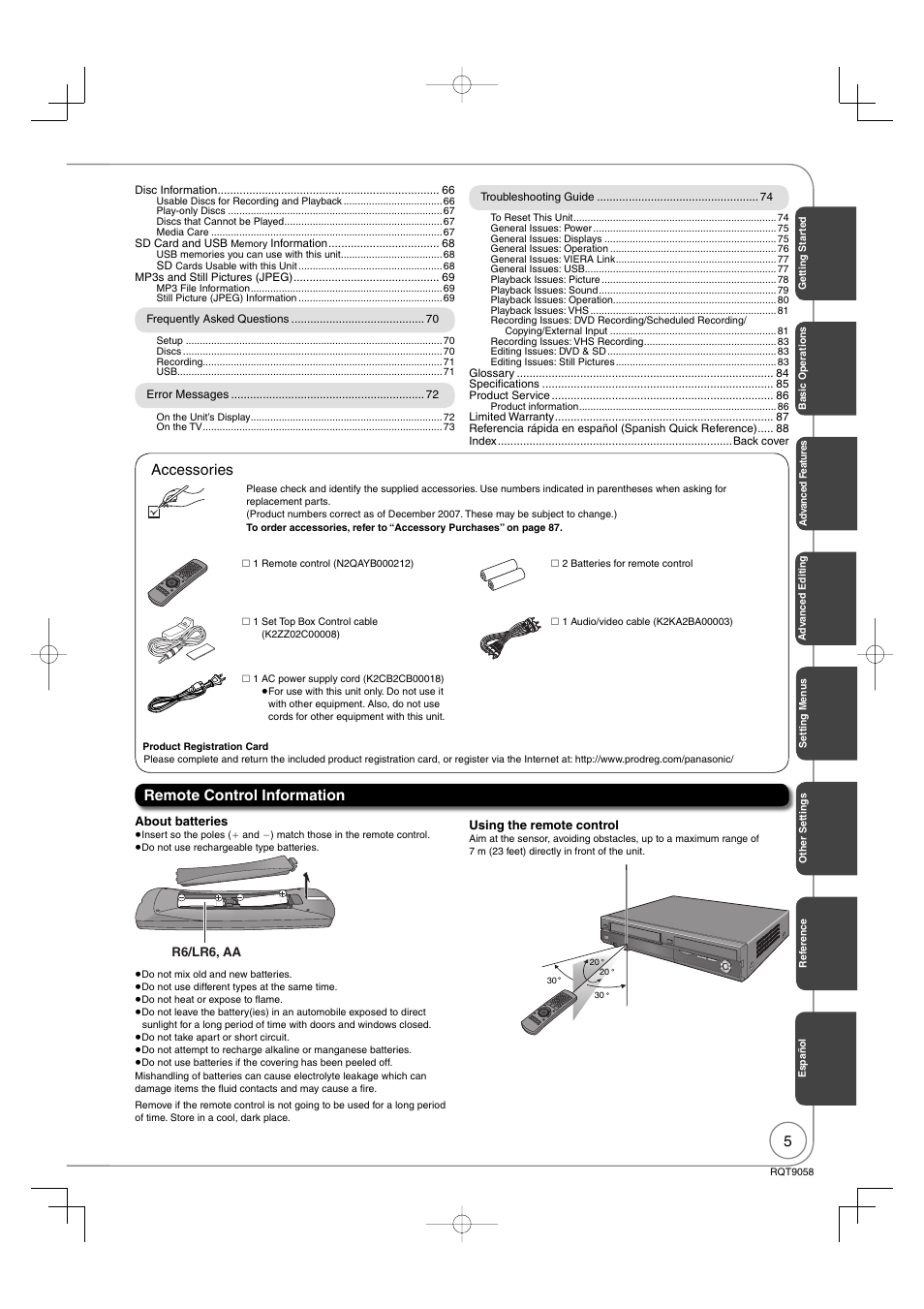 Accessories, Remote control information | Panasonic DIGA DMR-EA38V User Manual | Page 5 / 92