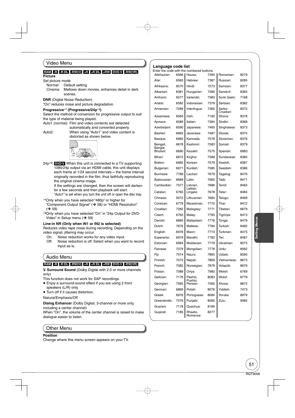 Video menu audio menu, Other menu | Panasonic DIGA DMR-EA38V User Manual | Page 51 / 92