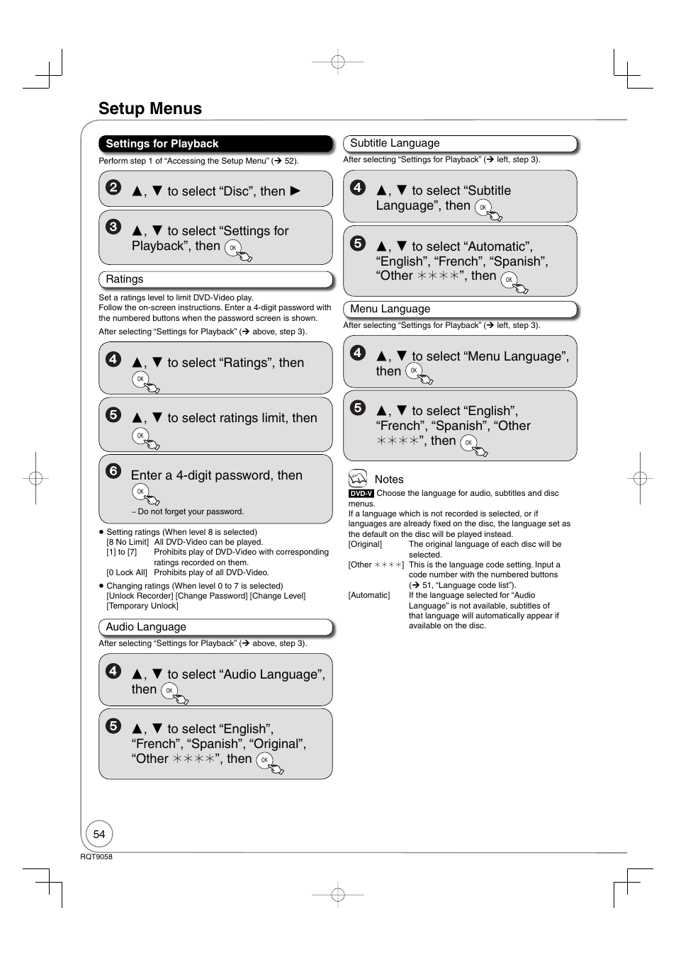 Setup menus, Enter a 4-digit password, then | Panasonic DIGA DMR-EA38V User Manual | Page 54 / 92