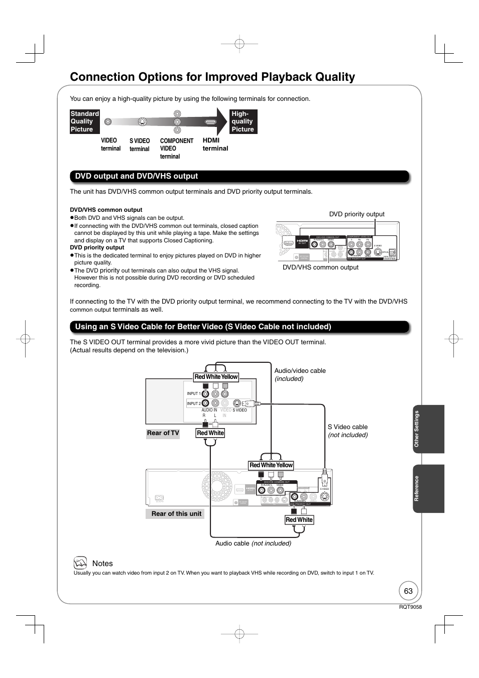 Reference, Connection options for improved playback quality, Dvd output and dvd/vhs output | Priority, Dvd/vhs common output dvd priority output, Dvd/vhs common output, Both dvd and vhs signals can be output, The dvd, Common, Output | Panasonic DIGA DMR-EA38V User Manual | Page 63 / 92