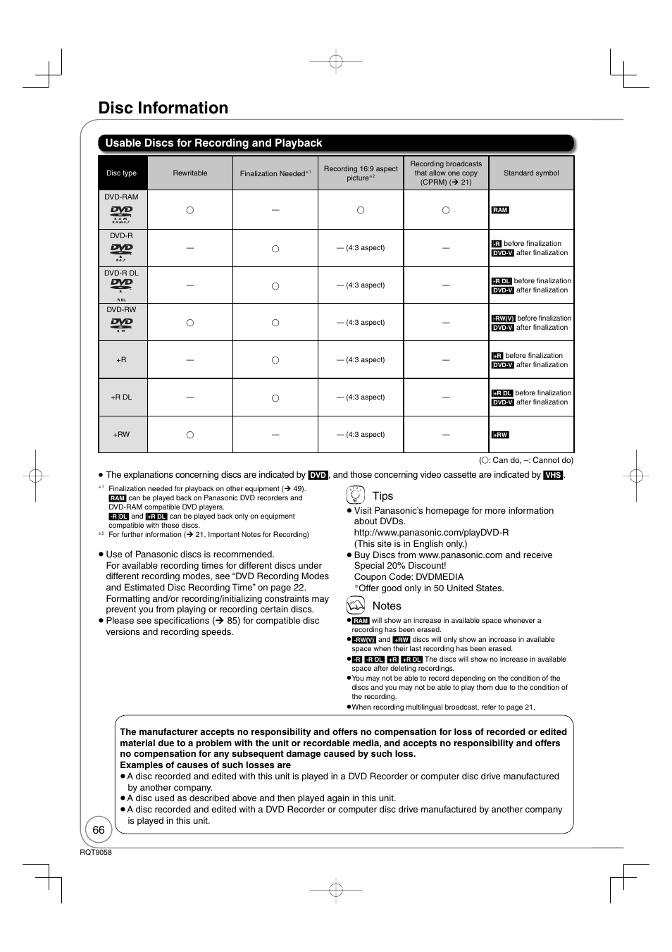 Disc information, Usable discs for recording and playback tips | Panasonic DIGA DMR-EA38V User Manual | Page 66 / 92