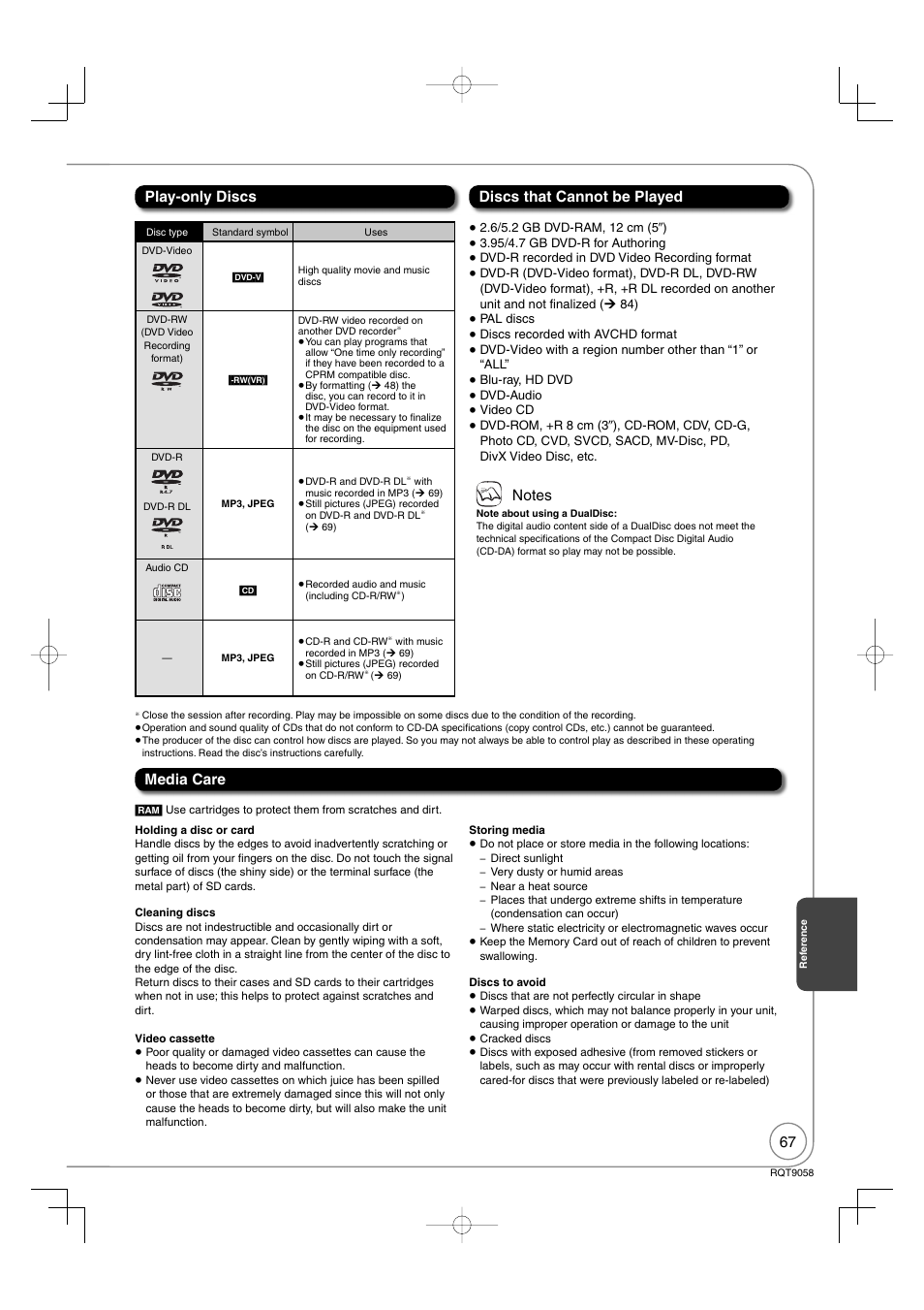 Play-only discs discs that cannot be played, Media care | Panasonic DIGA DMR-EA38V User Manual | Page 67 / 92
