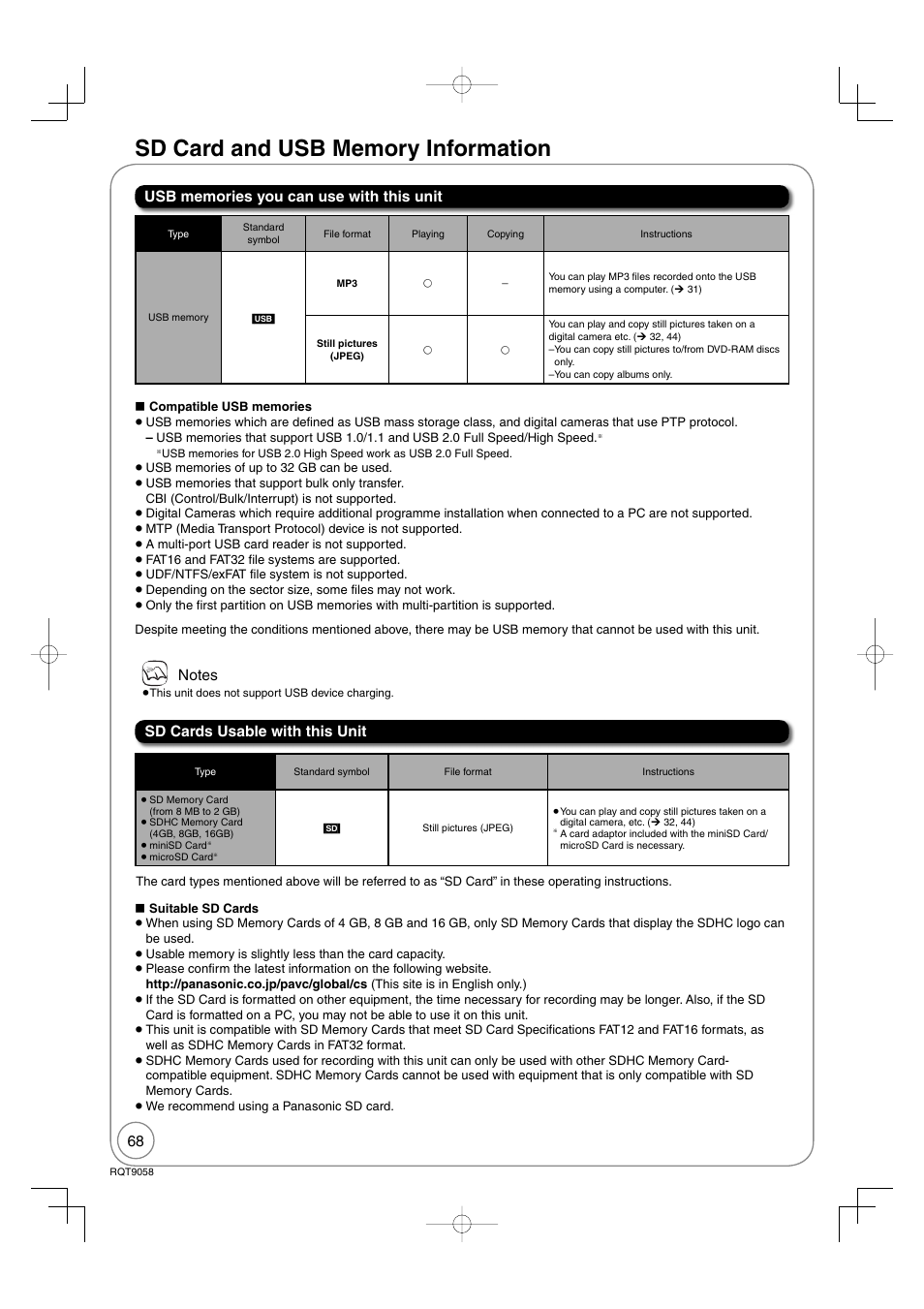 Sd card and usb memory information, Sd cards usable with this unit | Panasonic DIGA DMR-EA38V User Manual | Page 68 / 92