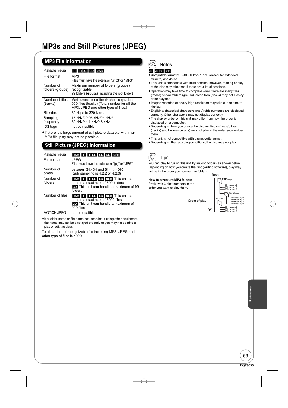 Mp3s and still pictures (jpeg), Tips | Panasonic DIGA DMR-EA38V User Manual | Page 69 / 92