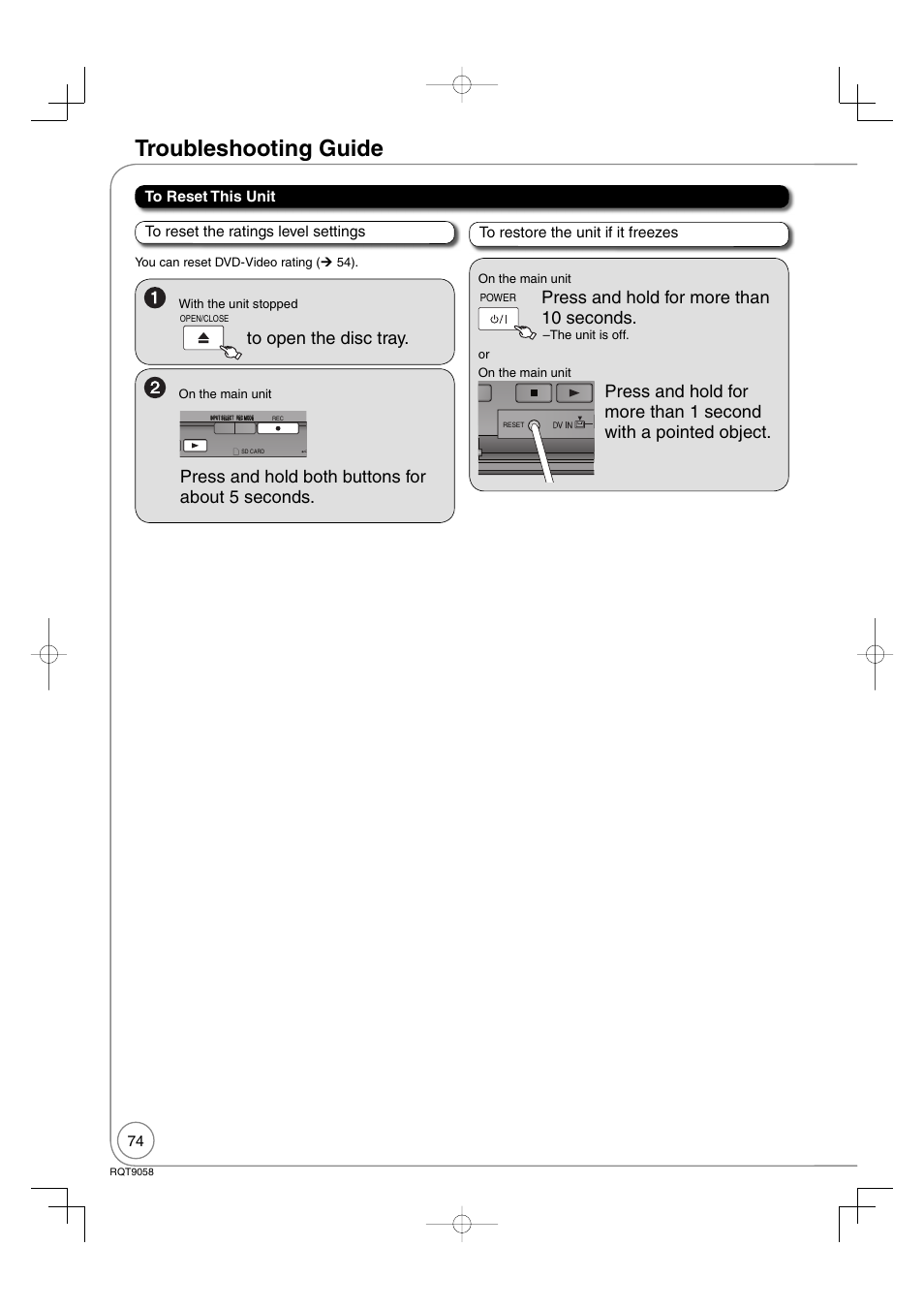 Troubleshooting guide, Press and hold both buttons for about 5 seconds, Press and hold for more than 10 seconds | Panasonic DIGA DMR-EA38V User Manual | Page 74 / 92
