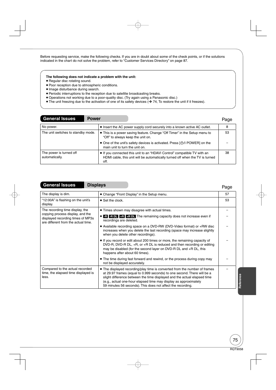 General issues power general issues displays, Page | Panasonic DIGA DMR-EA38V User Manual | Page 75 / 92