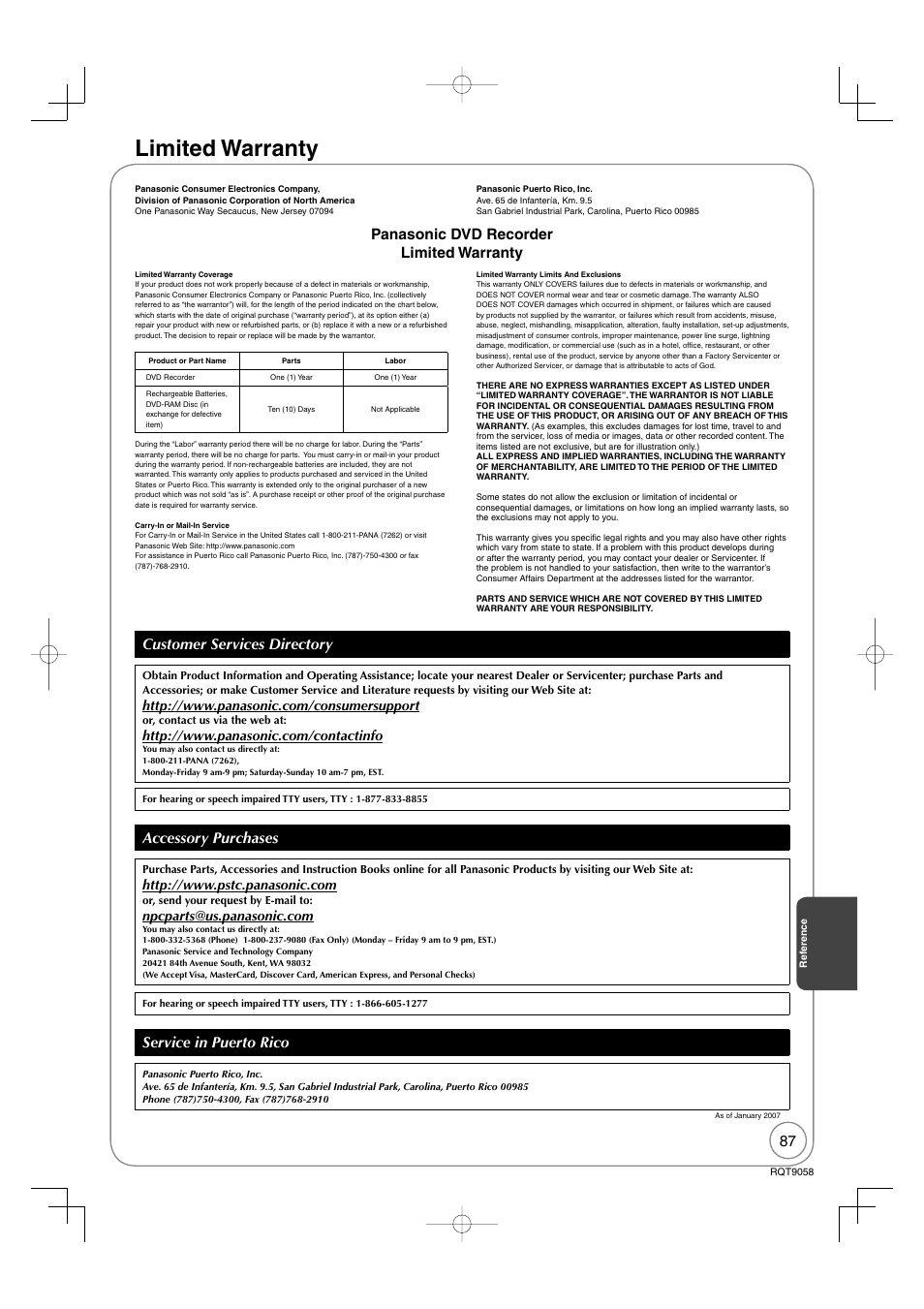Limited warranty, Accessory purchases, Service in puerto rico | Panasonic DIGA DMR-EA38V User Manual | Page 87 / 92