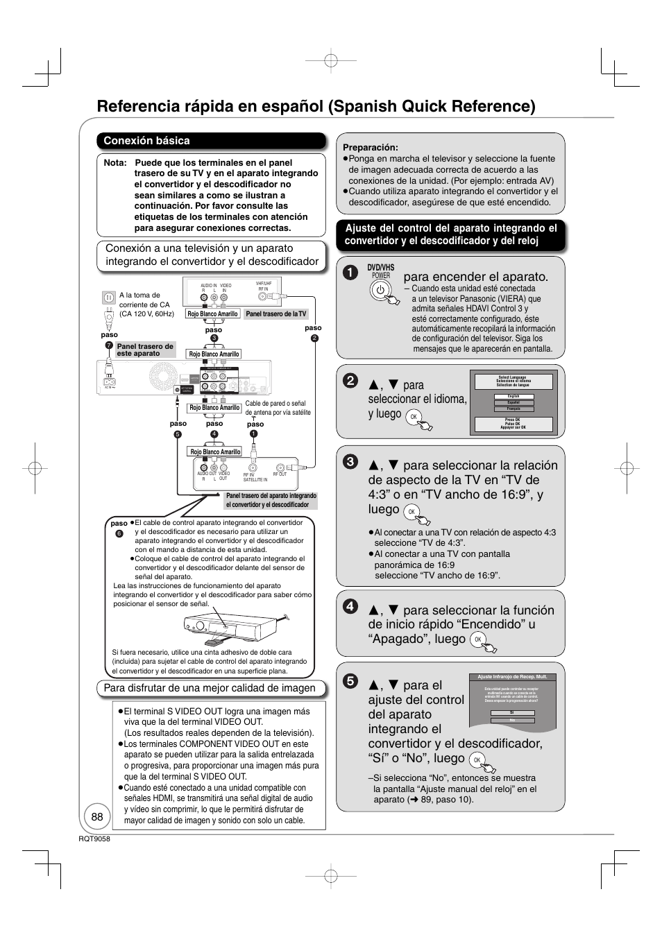 Para encender el aparato, Para seleccionar el idioma, y luego, Video out dvd/vhs common out dvd priority out | Panasonic DIGA DMR-EA38V User Manual | Page 88 / 92