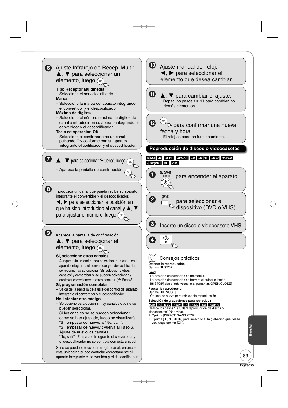 Para encender el aparato, Para seleccionar el dispositivo (dvd o vhs), Inserte un disco o videocasete vhs | Para seleccionar “prueba”, luego, Para seleccionar el elemento, luego, Para cambiar el ajuste, Para confi rmar una nueva fecha y hora | Panasonic DIGA DMR-EA38V User Manual | Page 89 / 92