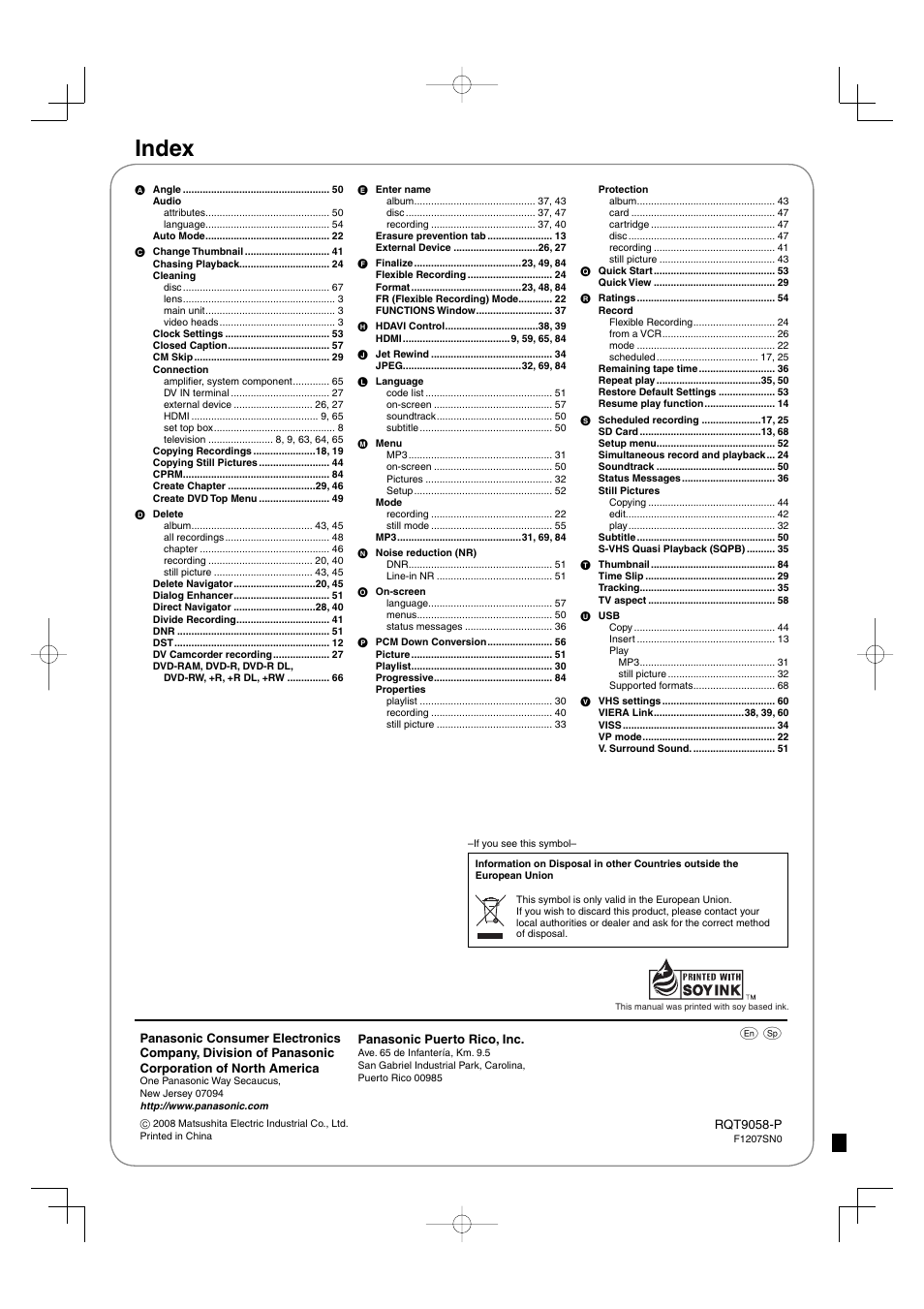 Index | Panasonic DIGA DMR-EA38V User Manual | Page 92 / 92
