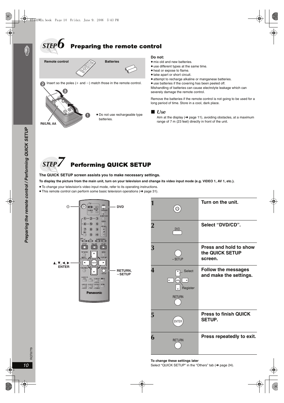 Preparing the remote control, Performing quick setup, Step | Panasonic SC-HT441W User Manual | Page 10 / 40
