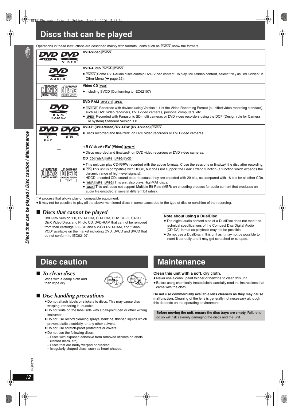 Disc caution, Maintenance, Discs that can be played | Disc caution maintenance, Discs that cannot be played, Disc handling precautions | Panasonic SC-HT441W User Manual | Page 12 / 40