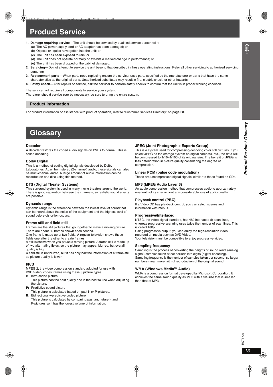 Product service, Glossary | Panasonic SC-HT441W User Manual | Page 13 / 40