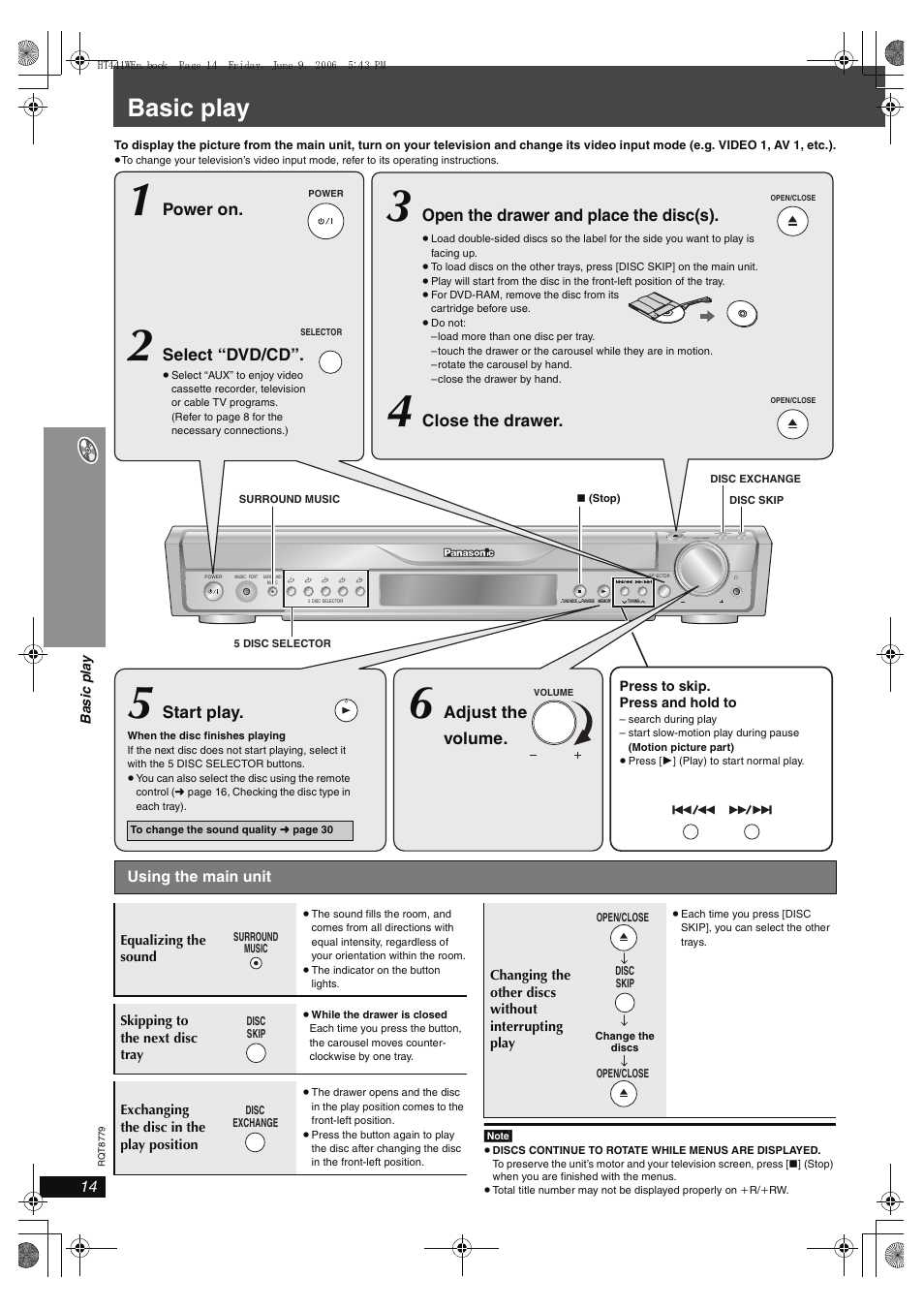 Playing discs, Basic play, Adjust the volume | Start play, Open the drawer and place the disc(s), Select “dvd/cd, Power on, Close the drawer | Panasonic SC-HT441W User Manual | Page 14 / 40