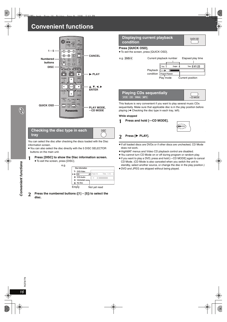 Convenient functions, Checking the disc type in each tray | Panasonic SC-HT441W User Manual | Page 16 / 40