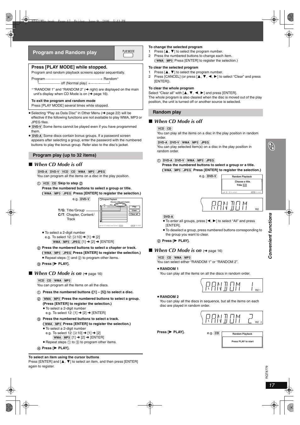 When cd mode is off, When cd mode is on, Program and random play | Con v eni e nt fu nctio n s, Press [play mode] while stopped, Program play (up to 32 items), Random play | Panasonic SC-HT441W User Manual | Page 17 / 40